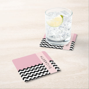Black and White Zigzag, Chevron, Pink, Your Name Square Paper Coaster