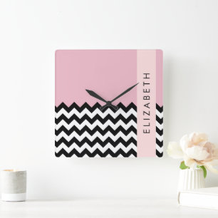 Black and White Zigzag, Chevron, Pink, Your Name Square Wall Clock