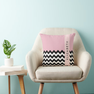 Black and White Zigzag, Chevron, Pink, Your Name Throw Pillow