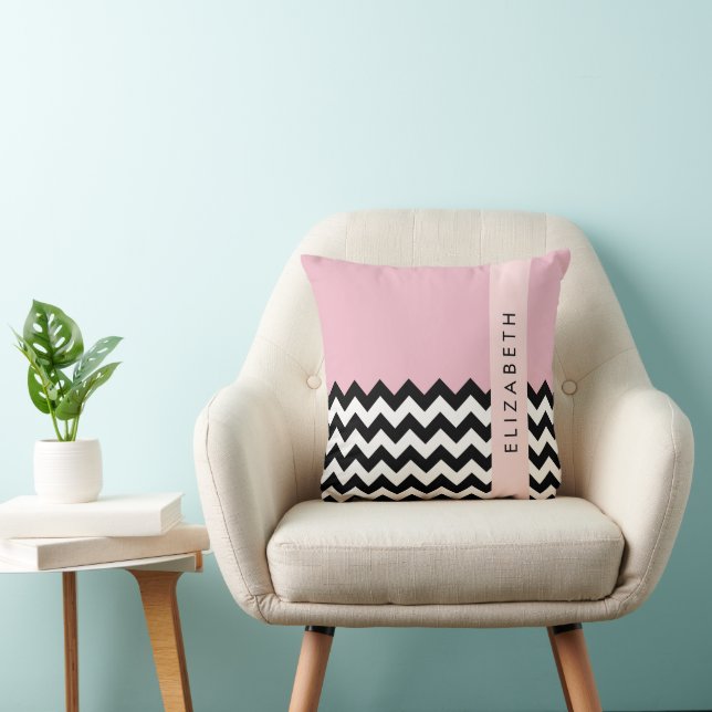 Black and White Zigzag, Chevron, Pink, Your Name Throw Pillow (Chair)