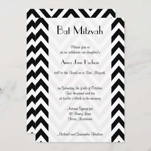 Black and White Zigzag Pattern, Bat Mitzvah Invitation (Front/Back)