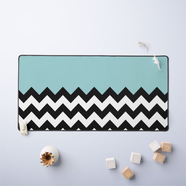 Black and White Zigzag Pattern, Chevron, Blue Desk Mat (Kids Table)