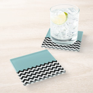 Black and White Zigzag Pattern, Chevron, Blue Glass Coaster