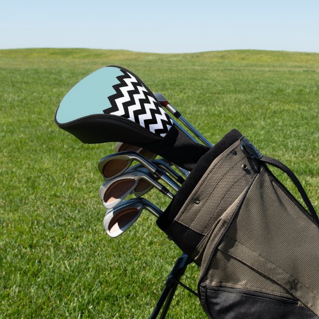 Black and White Zigzag Pattern, Chevron, Blue Golf Head Cover (In Situ)