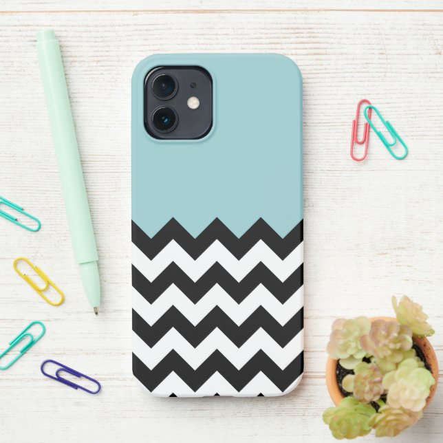Black and White Zigzag Pattern, Chevron, Blue iPhone Case (On Desk)