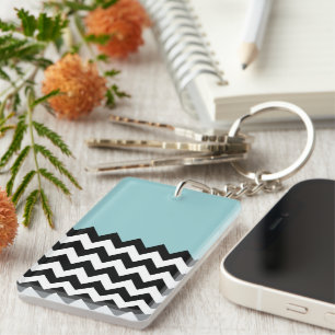 Black and White Zigzag Pattern, Chevron, Blue Keychain