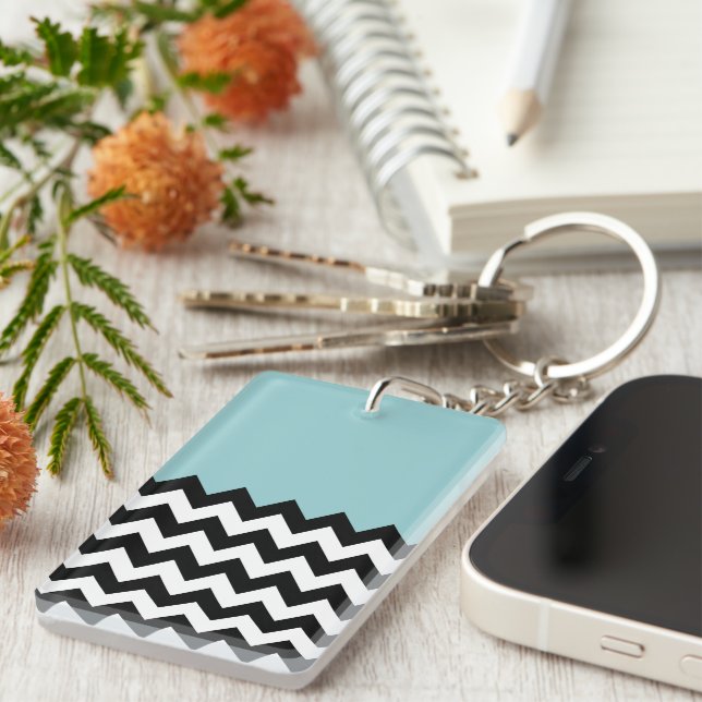 Black and White Zigzag Pattern, Chevron, Blue Keychain (Front Right)