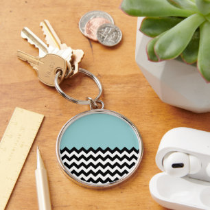 Black and White Zigzag Pattern, Chevron, Blue Keychain