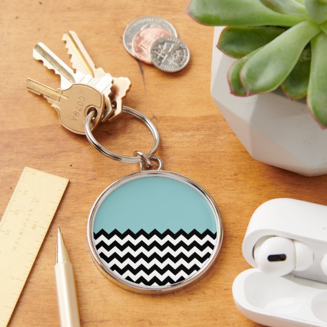 Black and White Zigzag Pattern, Chevron, Blue Keychain (Desk)