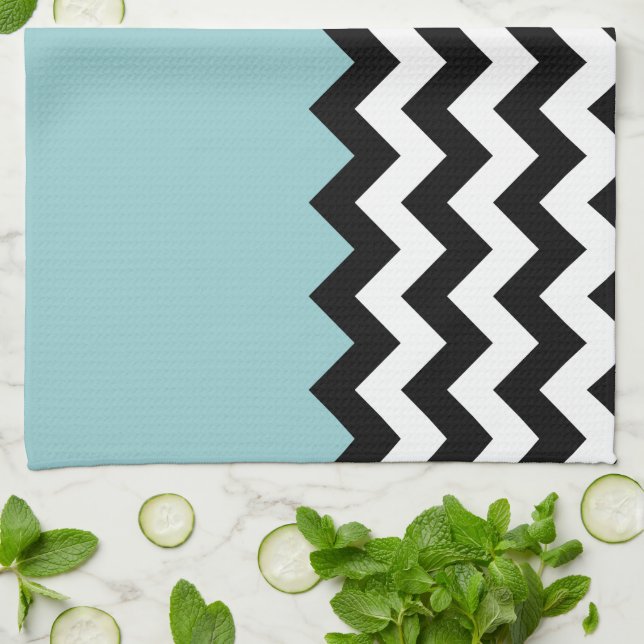 Black and White Zigzag Pattern, Chevron, Blue Kitchen Towel (Folded)