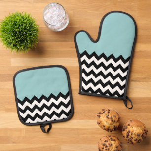 Black and White Zigzag Pattern, Chevron, Blue Oven Mitt & Pot Holder Set