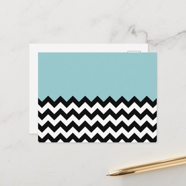 Black and White Zigzag Pattern, Chevron, Blue Postcard (Front/Back In Situ)