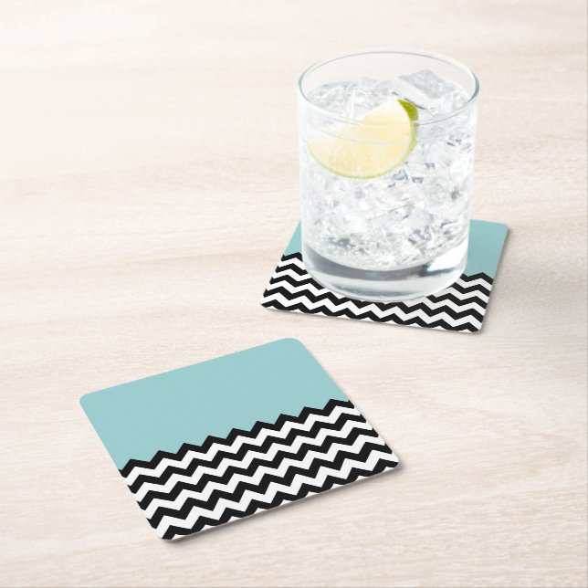 Black and White Zigzag Pattern, Chevron, Blue Square Paper Coaster (Insitu)