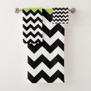 Black and White Zigzag Pattern, Chevron, Green Bath Towel Set