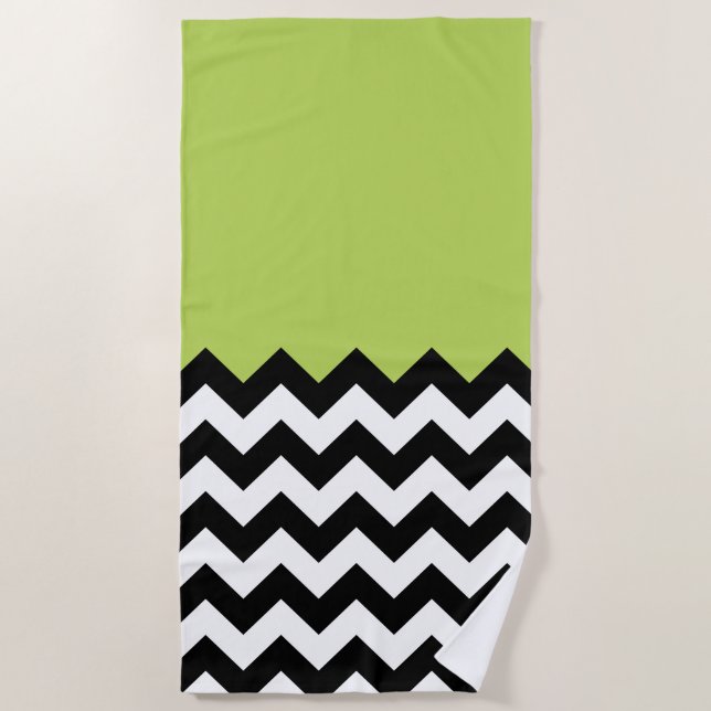 Black and White Zigzag Pattern, Chevron, Green Beach Towel (Front)