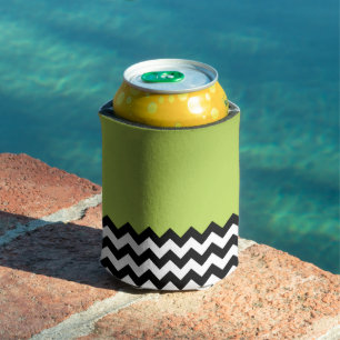 Black and White Zigzag Pattern, Chevron, Green Can Cooler
