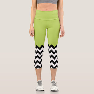 Black and White Zigzag Pattern, Chevron, Green Capri Leggings