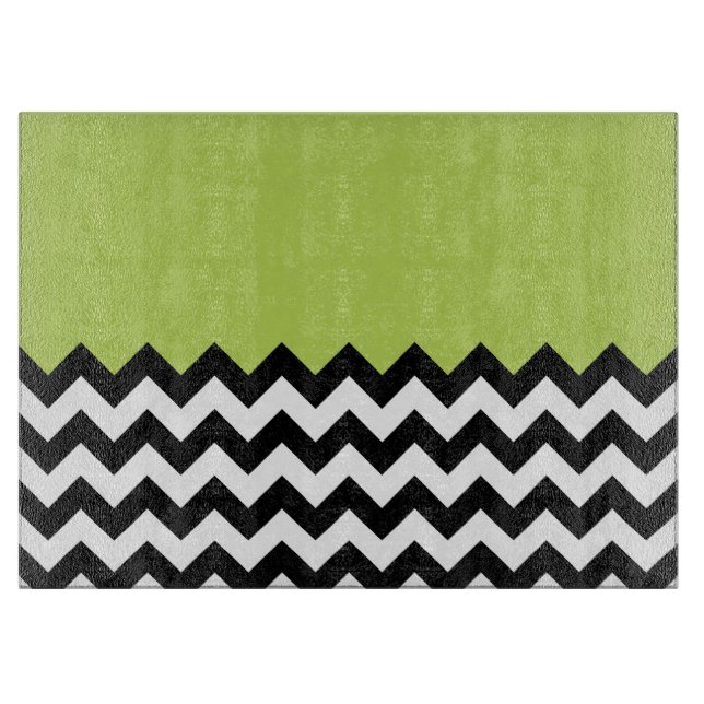 Black and White Zigzag Pattern, Chevron, Green Cutting Board (Front)