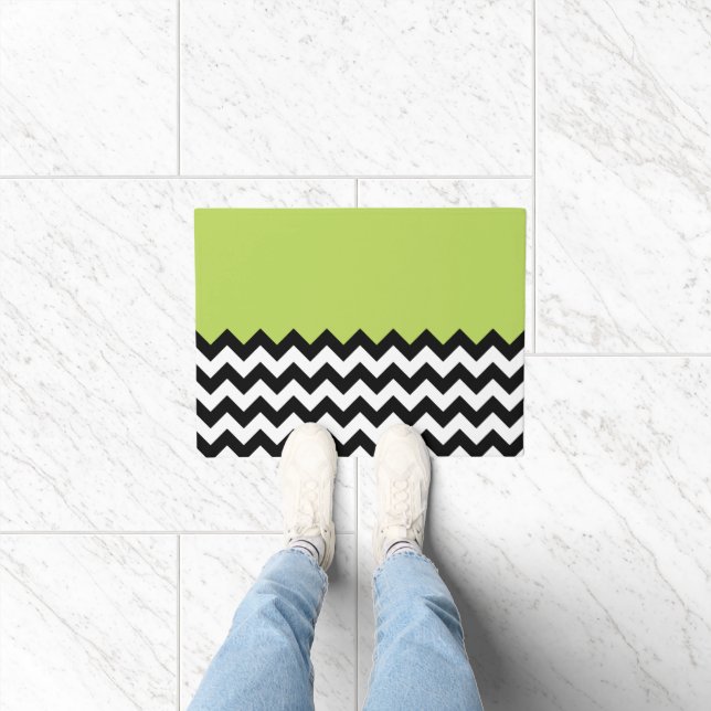 Black and White Zigzag Pattern, Chevron, Green Doormat (Indoor)