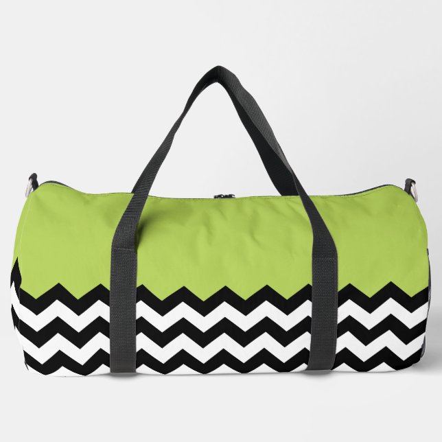 Black and White Zigzag Pattern, Chevron, Green Duffle Bag (Front)
