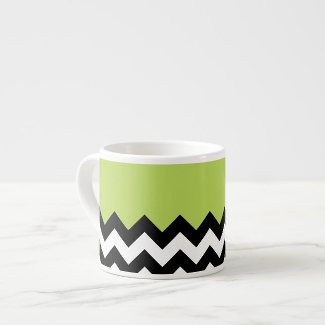 Black and White Zigzag Pattern, Chevron, Green Espresso Cup (Front Left)