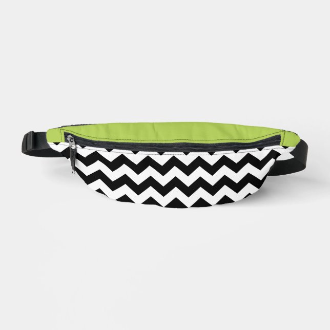Black and White Zigzag Pattern, Chevron, Green Fanny Pack (Front)