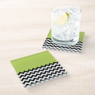 Black and White Zigzag Pattern, Chevron, Green Glass Coaster