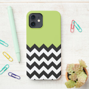 Black and White Zigzag Pattern, Chevron, Green iPhone 12 Case