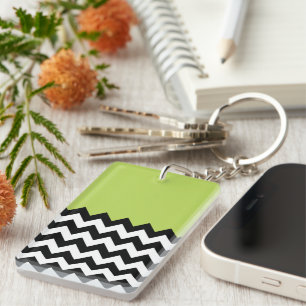 Black and White Zigzag Pattern, Chevron, Green Keychain