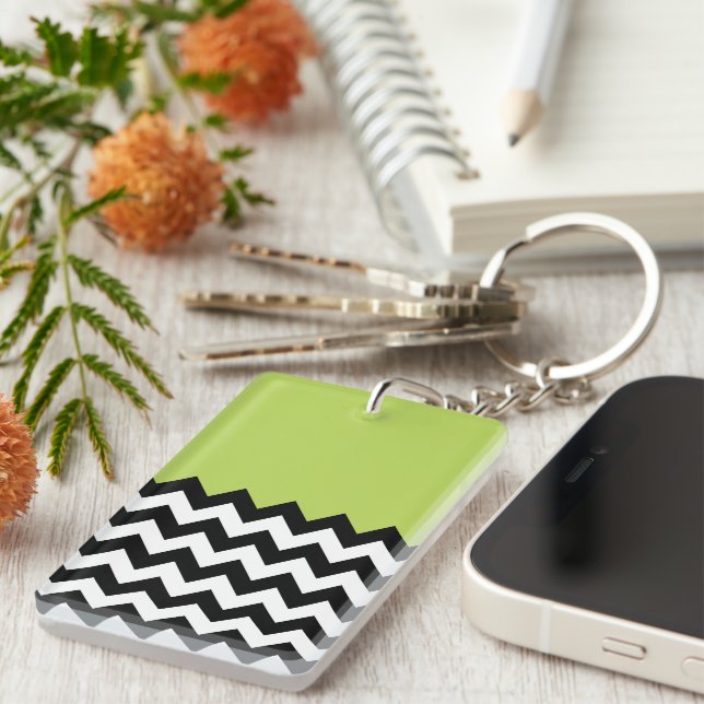 Black and White Zigzag Pattern, Chevron, Green Keychain (Front Right)