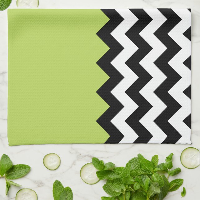 Black and White Zigzag Pattern, Chevron, Green Kitchen Towel (Folded)