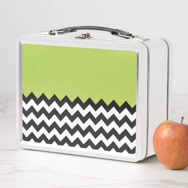 Black and White Zigzag Pattern, Chevron, Green Metal Lunch Box (In Situ)