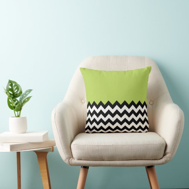 Black and White Zigzag Pattern, Chevron, Green Throw Pillow (Chair)