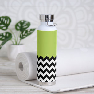 Black and White Zigzag Pattern, Chevron, Green Water Bottle
