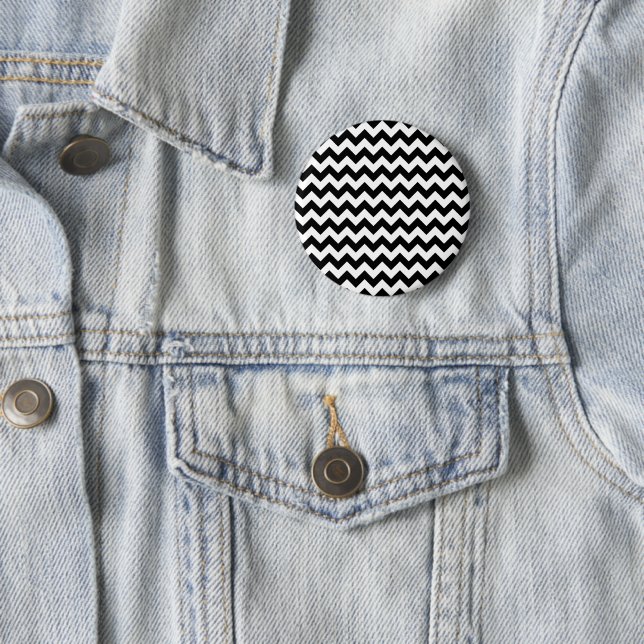 Black and White Zigzag Pattern, Chevron Pattern 2 Inch Round Button (In Situ)