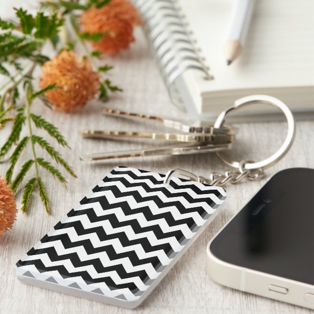 Black and White Zigzag Pattern, Chevron Pattern Keychain (Front Right)