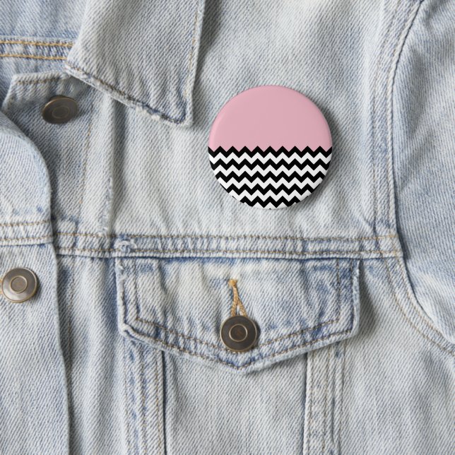 Black and White Zigzag Pattern, Chevron, Pink 2 Inch Round Button (In Situ)