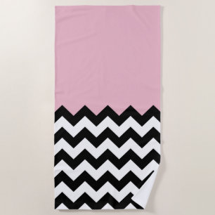 Black and White Zigzag Pattern, Chevron, Pink Beach Towel