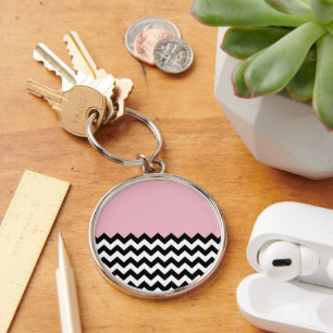 Black and White Zigzag Pattern, Chevron, Pink Keychain