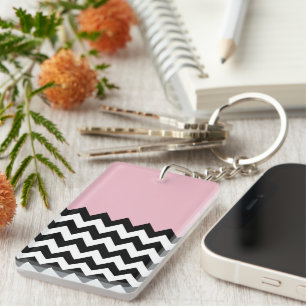 Black and White Zigzag Pattern, Chevron, Pink Keychain