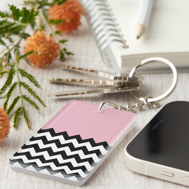 Black and White Zigzag Pattern, Chevron, Pink Keychain (Front Right)