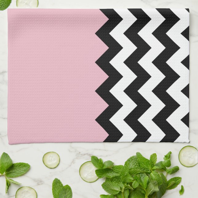 Black and White Zigzag Pattern, Chevron, Pink Kitchen Towel (Folded)