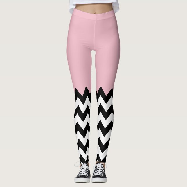 Black and White Zigzag Pattern, Chevron, Pink Leggings (Front)