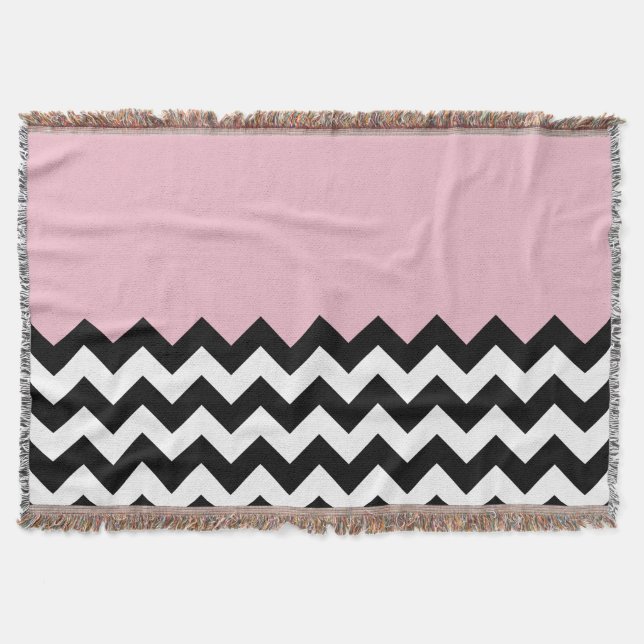 Black and White Zigzag Pattern, Chevron, Pink Throw Blanket (Front)