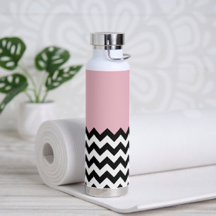 Black and White Zigzag Pattern, Chevron, Pink Water Bottle