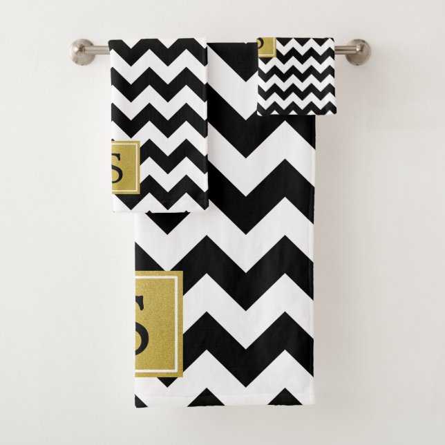 Black and White Zigzag Pattern, Monogram Bath Towel Set (Insitu)