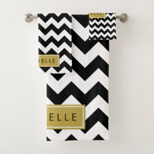 Black and White Zigzag Pattern, Your Name Bath Towel Set