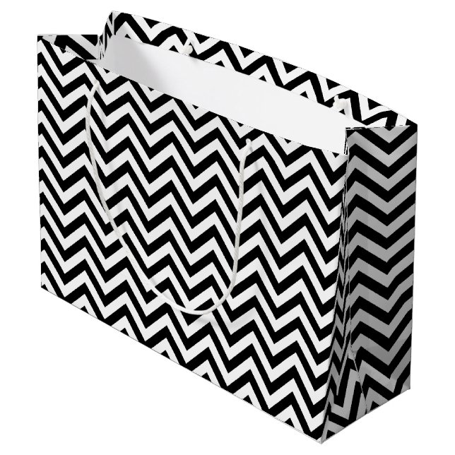 Black and White Zigzag Stripes Chevron Pattern Large Gift Bag (Back Angled)