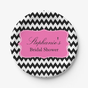 Black and White Zigzag with Hot Pink Bridal Shower Paper Plate