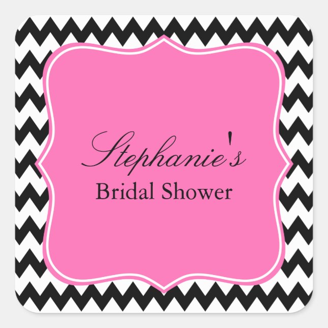 Black and White Zigzag with Hot Pink Bridal Shower Square Sticker (Front)